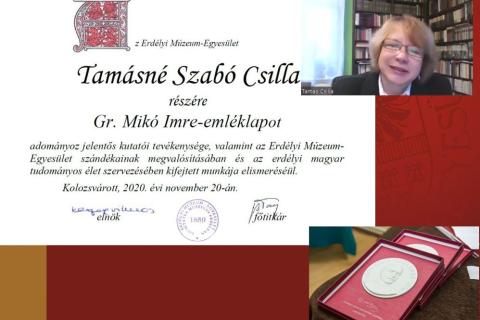 Tamásné Szabó Csilla tudományos kutatót  Gr. Mikó Imre-emléklappal tüntették ki