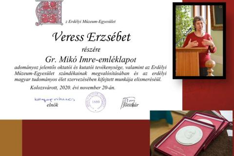 Veress Erzsébet vegyészt Gr. Mikó Imre-emléklappal tüntették ki