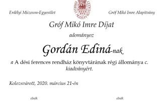 Az EME 2020. március 21-i közgyűlésének dokumentumai. Gróf Mikó Imre Díj 2020