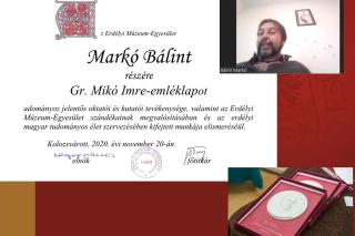 Markó Bálintot, a BBTE rektorhelyettesét Gr. Mikó Imre-emléklappal tüntették ki