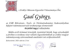 Az EME 2020. március 21-i közgyűlésének dokumentumai. Dr. Gaal György tiszteleti taggá választása