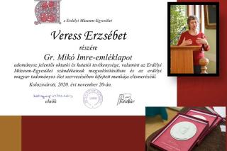 Veress Erzsébet vegyészt Gr. Mikó Imre-emléklappal tüntették ki